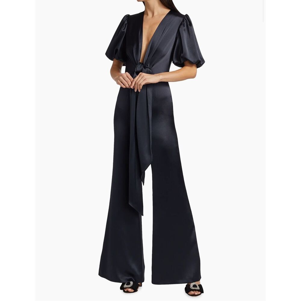 NWT Galvan London Plunge Eden Tie Waist Satin Wide leg Jumpsuit Midnight $1725